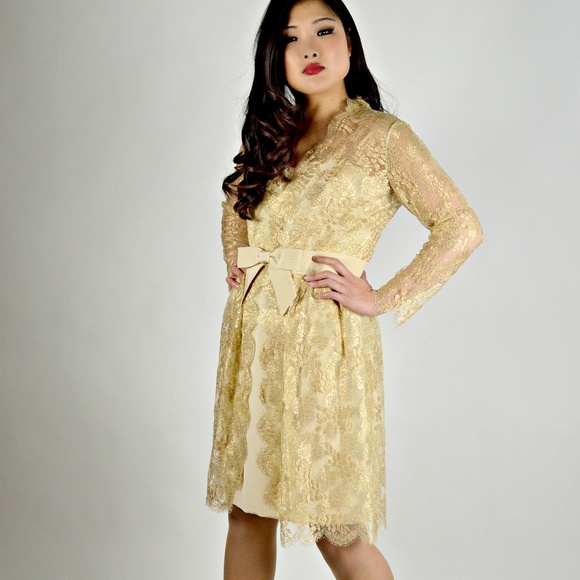 Lian Carlo Gold Lace Short Party Dress - Picture 2 of 7